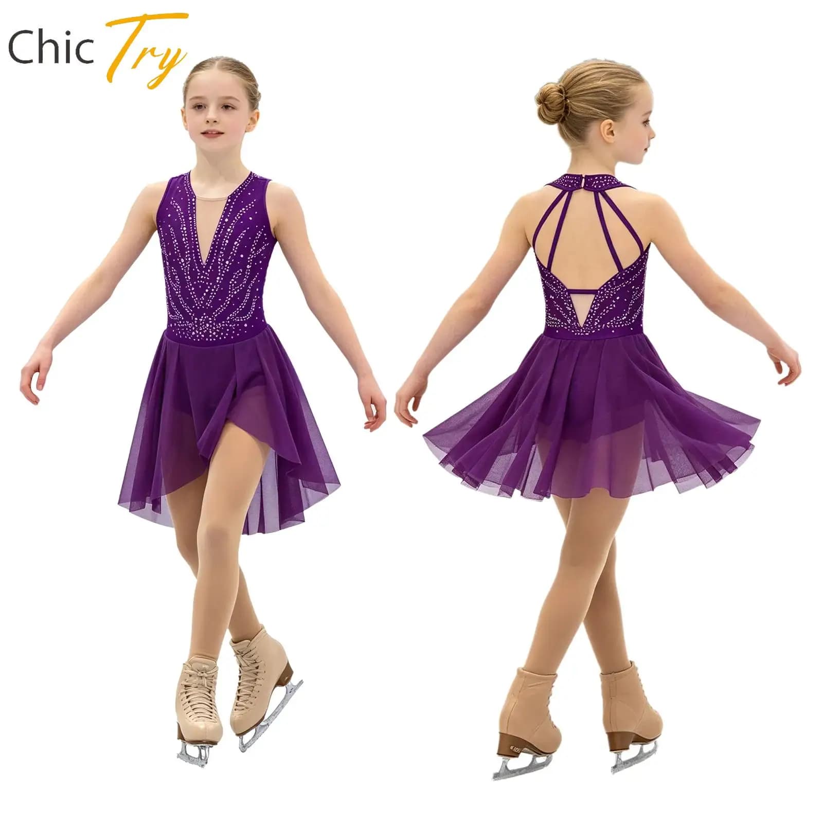 Girls Rhinestone Figure Skating Performance Dress Teen Sleeveless Strappy Back Ballet Gymnastics Leotard Lyrical Dance Costume