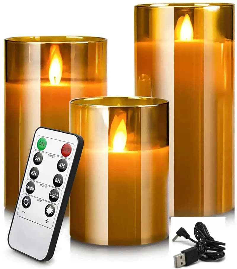 Set of rechargeable LED flameless column candles via USB, mobile threshing stopper, paraffin, real wax, remote controlled with timer glass lights