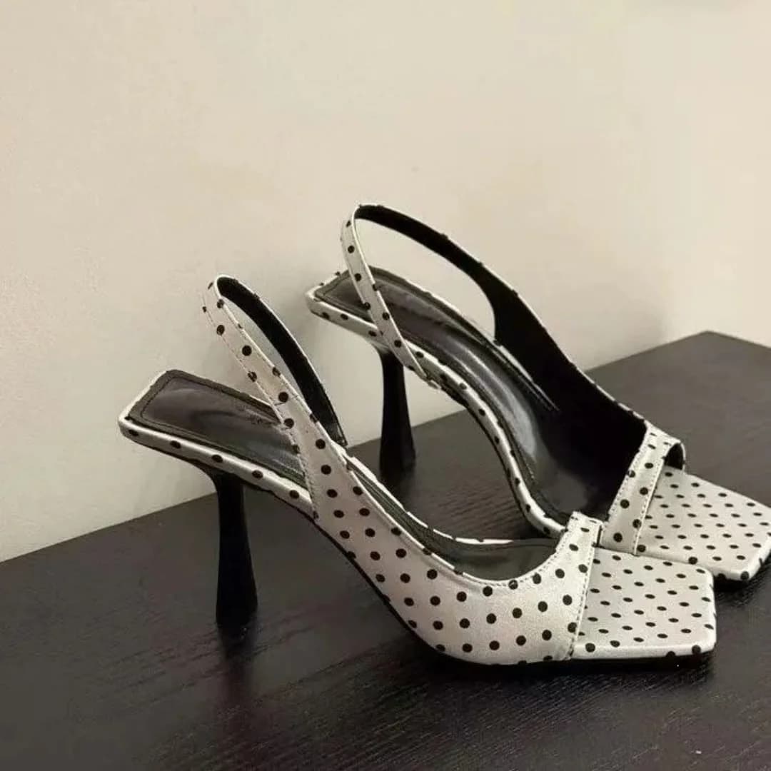 2026 New Summer Women's Open Toe One Strap Sandal, French Square Toe Polka Dot Slides Soft Thin Heel Elegant High Heel Slippers