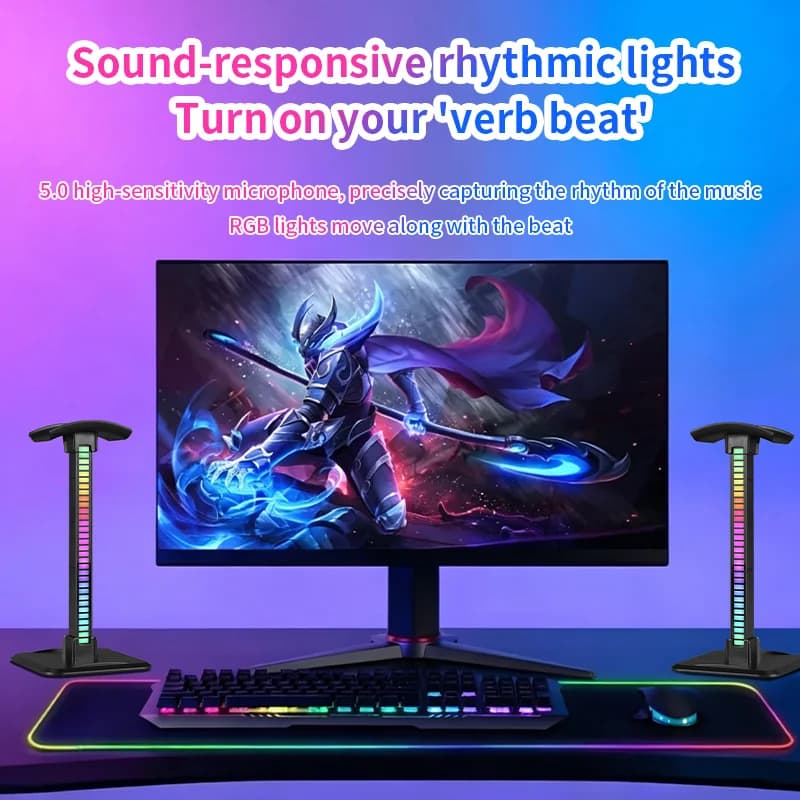 Headset Stand Music Sync RGB Light Strip, 18 Colors & 8 Dynamic Modes, USB Rechargeable LED Ambient Light for Bedroom, Party