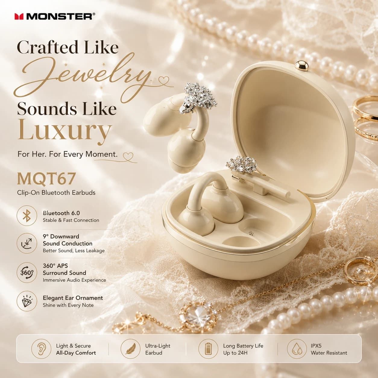 Monster MQT67 Jewelry Earclip Earphones Bluetooth 6.0 Headphone TWS Wireless Earbud with Earring Decor ideal Gift for Women