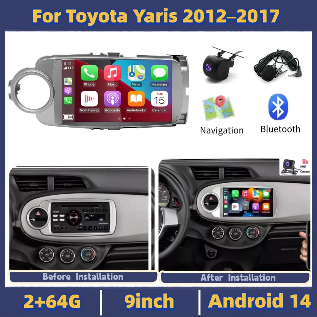 Autoradio da 9 pollici 2+64G per Toyota Yaris (Guida a Sinistra) 2012-2017 Android 14 con Carplay GPS Navi Bluetooth