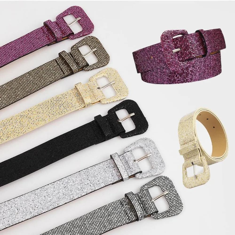 Cintura in vita con paillettes lucide cinture con fibbia ad ardiglione quadrate per le donne cinturini elastici cintura in argento dorato per Jeans da donna moda