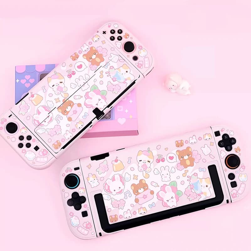 Custodia Protettiva in PC Rigido a Forma di Orsetto e Coniglio per Nintendo Switch 2/NS OLED Joy-Con, Accessori per Console da Gioco