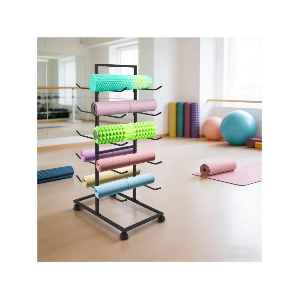 Scaffale porta tappetini yoga a 5 livelli con ruote bloccabili 60x40x130CM - Ferro nero verniciato a polvere, 10 libbre per livello, asta curva