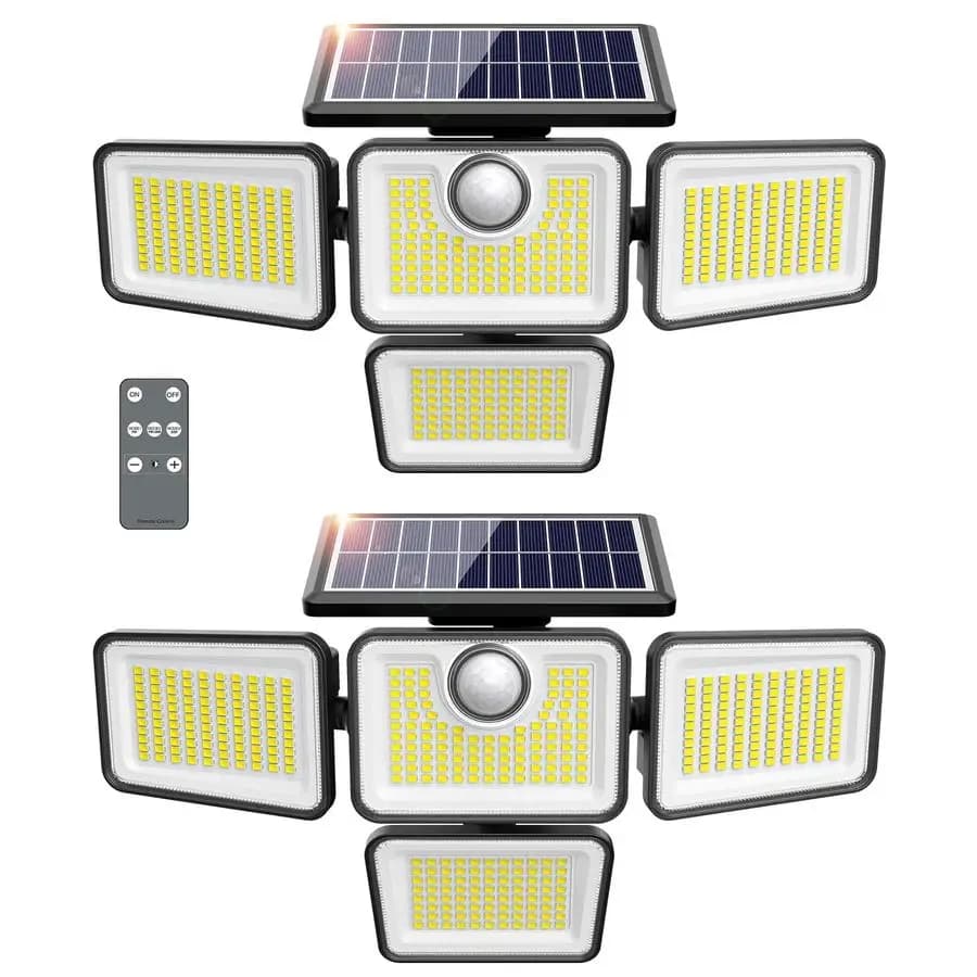 Luci solari da esterno, luci con sensore di movimento a 4 teste regolabili, 3 modalità, 6500K, luci da parete di sicurezza solari impermeabili IP65, telecomando