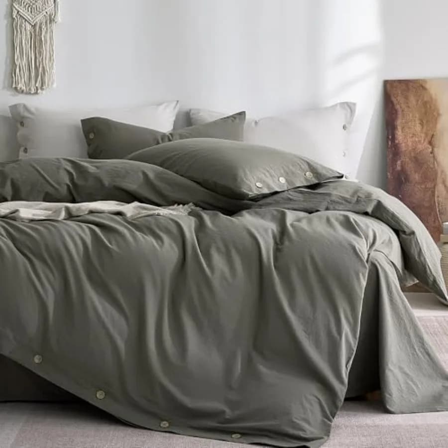 100% Washed Cotton Duvet Cover Twin Soft, Breathable Linen-Look Bedding with Natural Wrinkle Texture, Button Closure, 2-Piece S