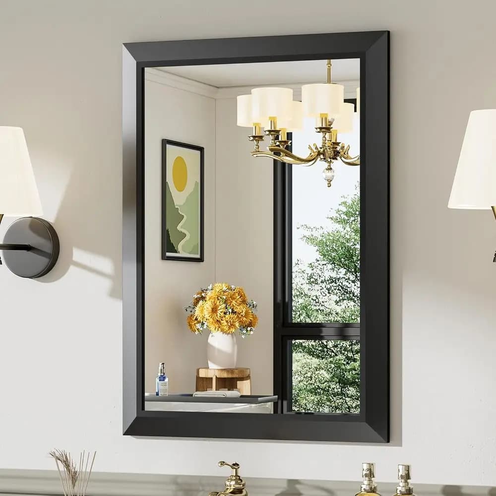 Specchio da parete in vetro temperato nero 22x30 pollici - Cornice in metallo resistente per bagno, camera da letto, soggiorno e ingresso - Resistente alla ruggine