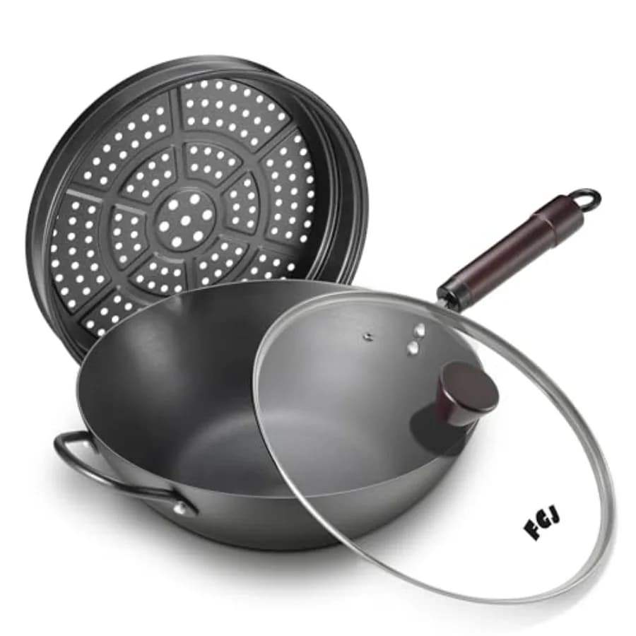 Wok, padella wok in acciaio al carbonio da 1 pollice con vaporiera e padelle antiaderenti per stir-fry, wok cinesi a fondo piatto pre-stagionati da 5,8QT, paella pan