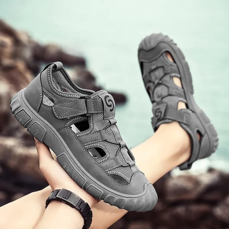 Men's Soft Sole Sandals with Magic Tape Sports Driving Outdoor Walking Slip-On Shoes Summer Anti-Slip Hole Hole Slippers