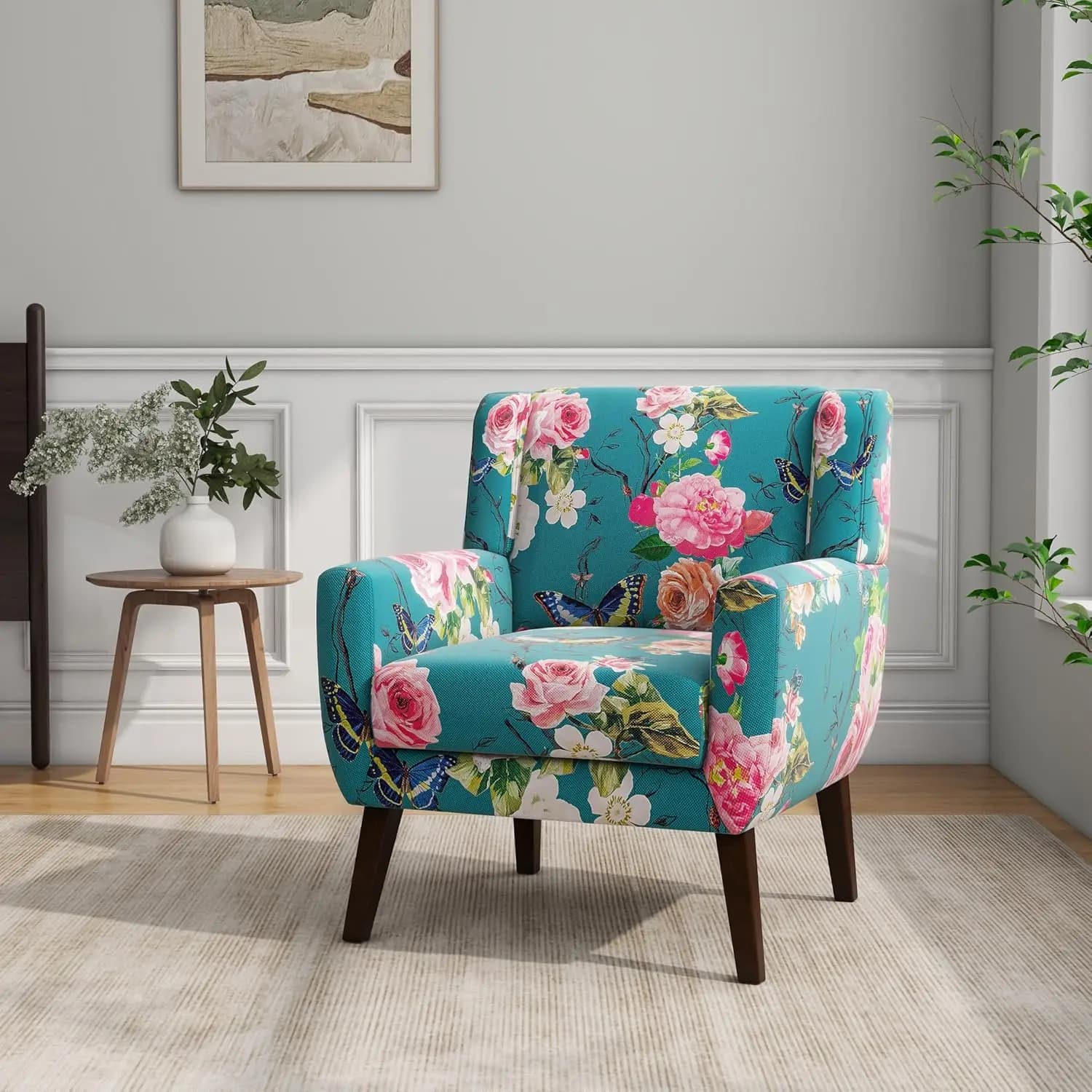 Mid-Century Linen Accent Chair, Tufted Backrest, 4.5" Plush Cushion, Wood Frame, Easy Assembly, Living Room & Bedroom, Customize