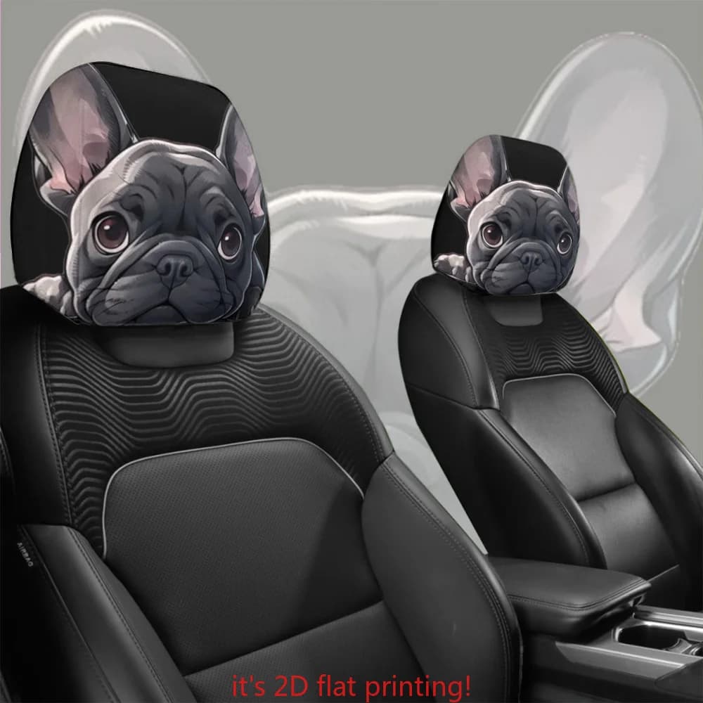Set di 2 Copri Poggiatesta per Auto in 100% Poliestere con Adorabile Design di Bulldog Francese | Non imbottito, facile da installare, lavabile in lavatrice per auto I