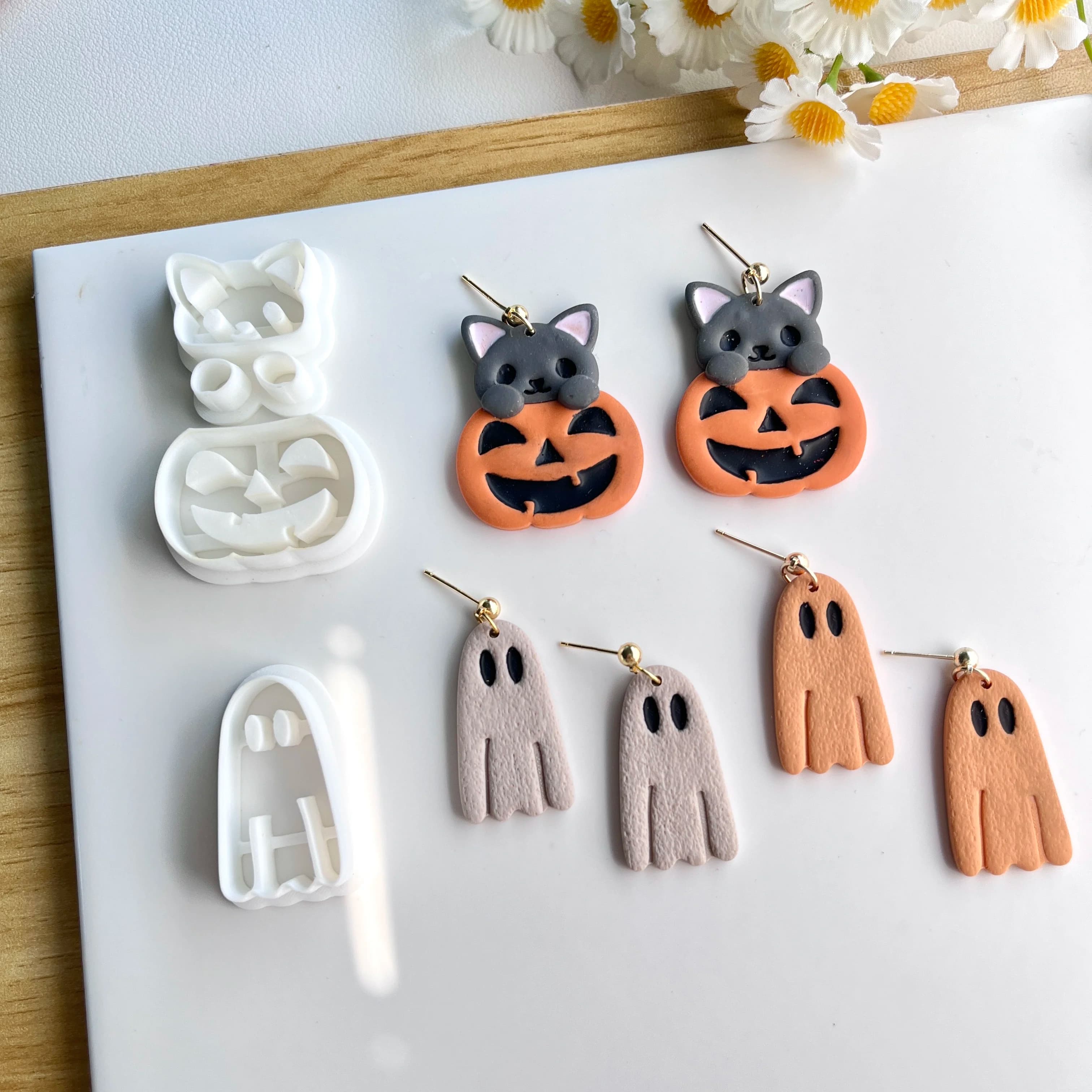 Set di cappelli con faccia di fantasma di Halloween e set di frese per argilla polimerica di zucca grande - Stampi per orecchini fai-da-te per gatti, cani, conigli - Creazione di ceramica morbida