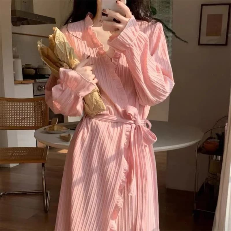 Large Size Women's Night Dress Long Sleeved Sweet Night Dress Bathrobe Female Vestaglie Kimono Spring Autumn