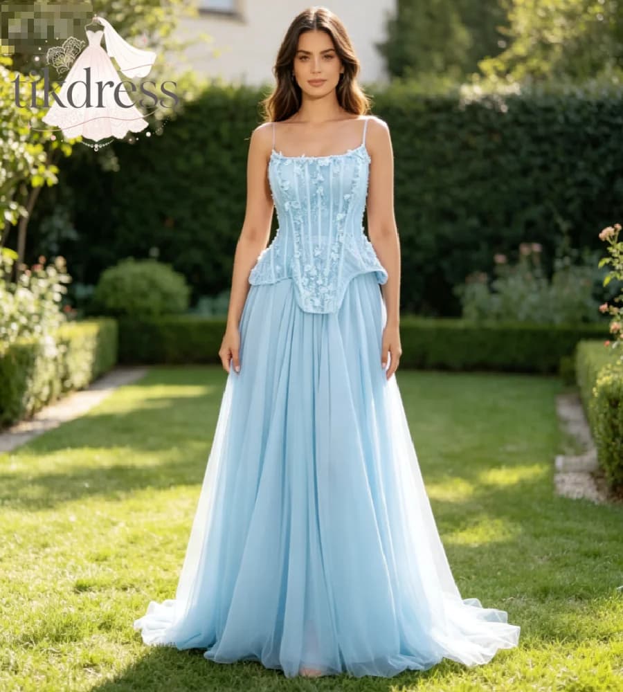 Light Blue Spaghetti Strap Prom Dress With 3D Floral Applique Flowy Tulle A Line Long Evening Gown Fairy Birthday Party Ceremony