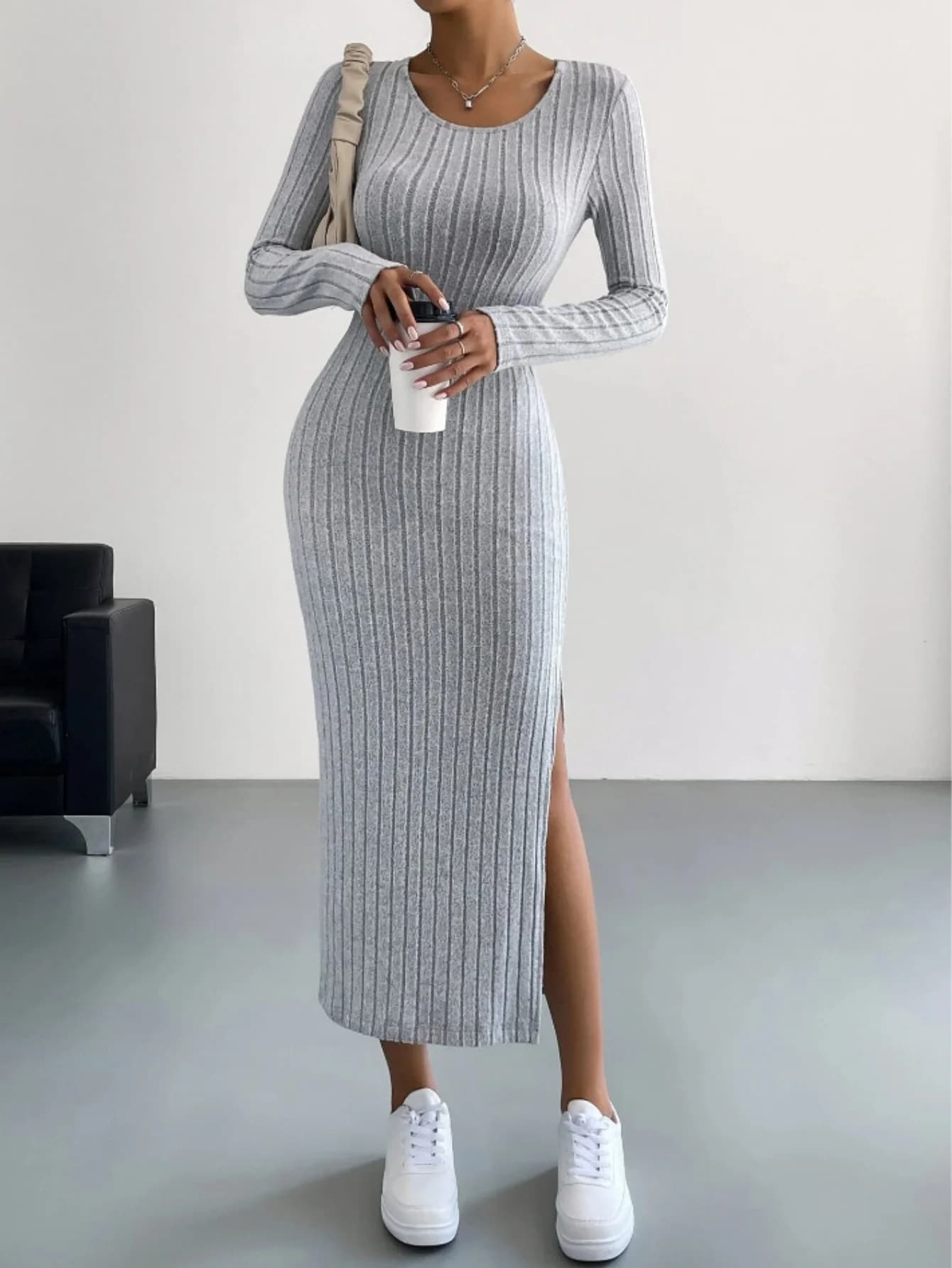 Women's Long Sleeve round Neck Slit Knitted Stripe Maxi Dress Elegant Casual Floor-Length Gown for Ladies