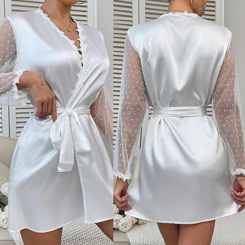Accappatoio kimono da donna con maniche a rete, camicia da notte sexy con finiture in pizzo, vestaglia da sposa allentata, in raso setoso, intimo per la casa