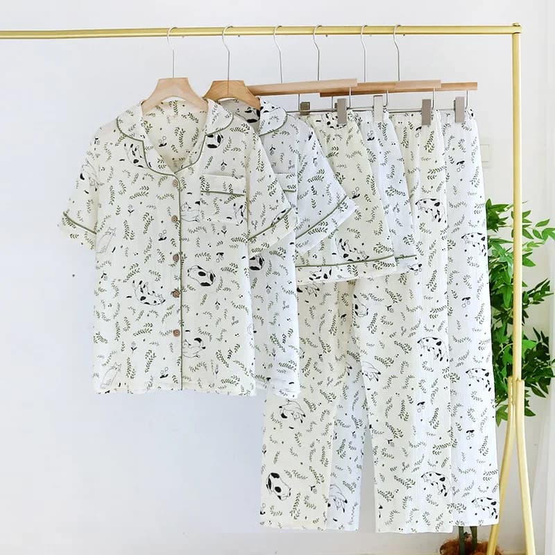 2026 Primavera/Estate delle nuove donne Pigiama a tre pezzi Set 100% puro cotone Crepe Sottile maniche corte + Pantaloncini + Pantaloni lunghi Home Fury