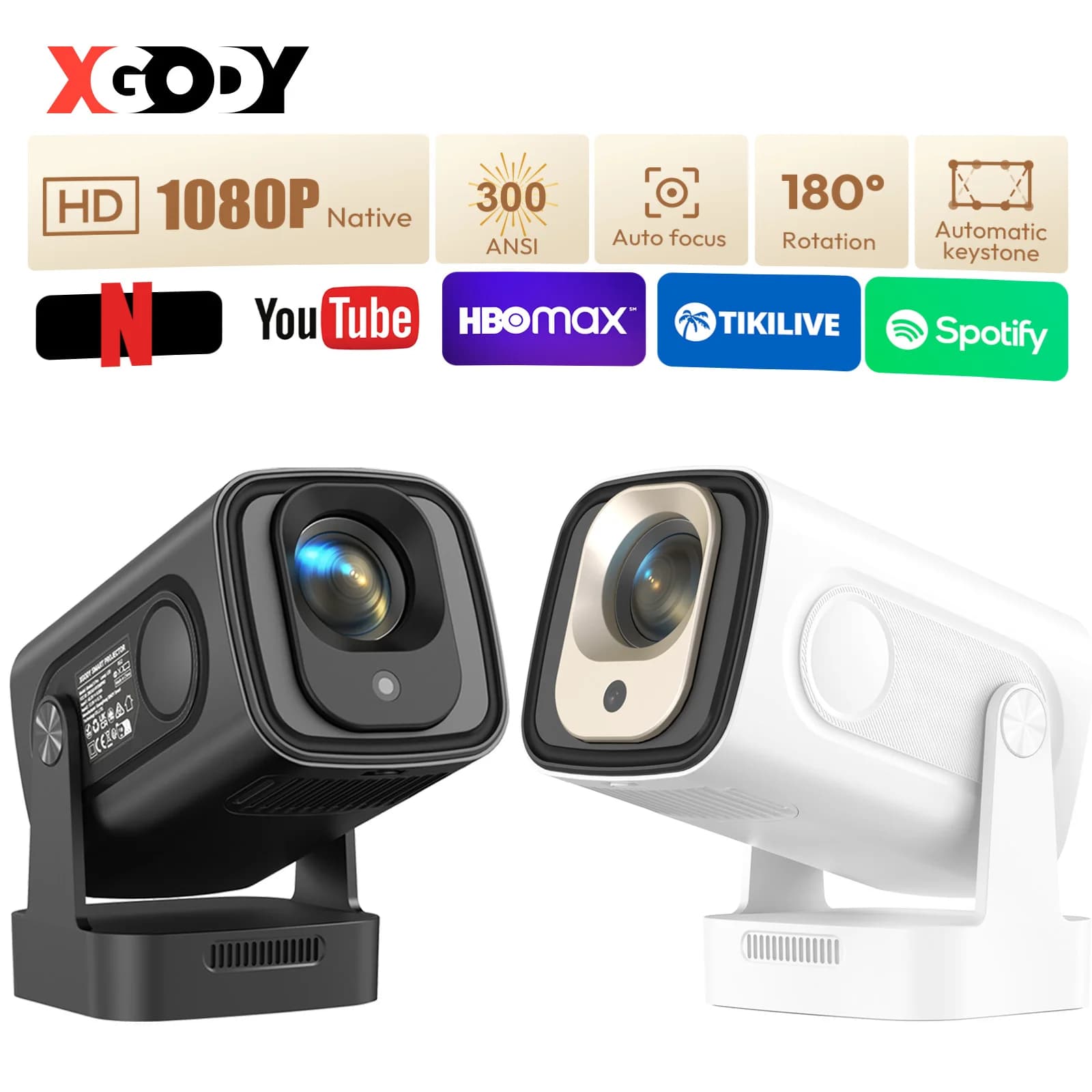 XGODY Projektor Autofokus 4K HD 1920*1080P 300ANSI Tragbarer Beamer Android 11 BT5.4 Gebauter 5W HiFi-Lautsprecher WAZ Heimkino