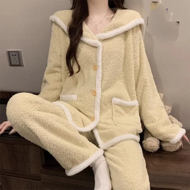 Women's Autumn Winter Thick Coral Fleece Navy Collar Long Sleeved Long Pants Sleepwear Set Warm Home Clothes New Two-Piece Set