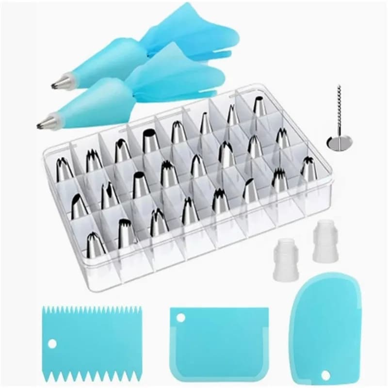 Kit di punte per strumenti per decorare torte da 32 pezzi Punte per glassa da forno in acciaio inossidabile Ugello con sacchetti per pasticceria riutilizzabili in TPU Forniture per cottura