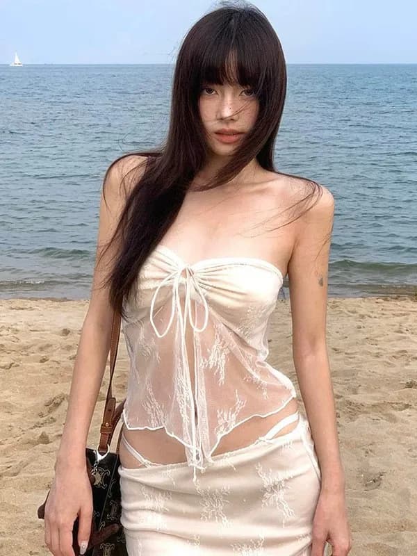 Abbigliamento estivo da donna, sexy costume da bagno tankini senza spalline in pizzo, set bikini tre pezzi in seta latte.