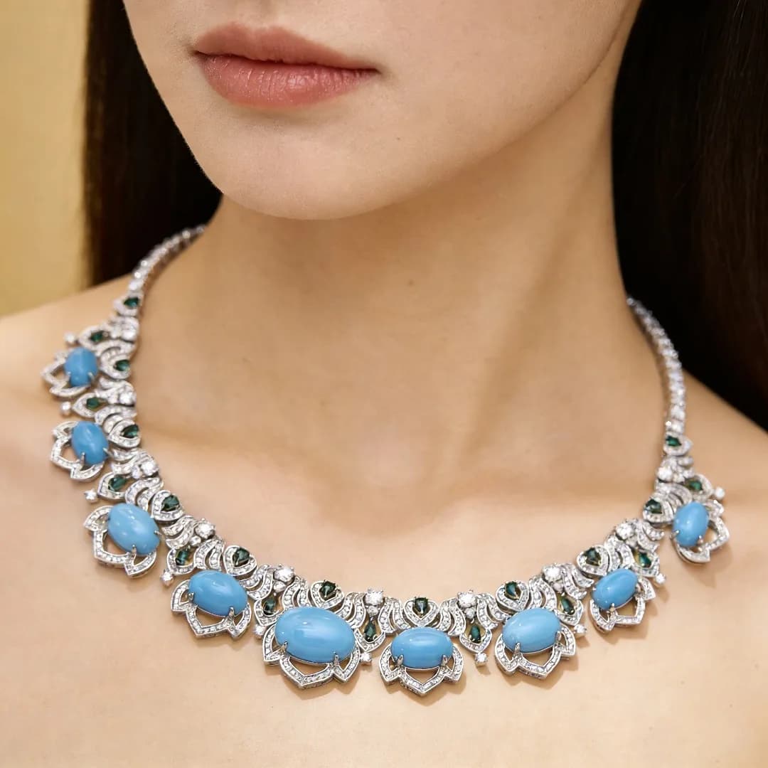 Ayjewelry Nuovo Set di Gioielli di Lusso Trendy con Collana Tennis e Orecchini in Turchese Blu, Placcato Oro, Design Esclusivo per Donna, Ideale per Feste