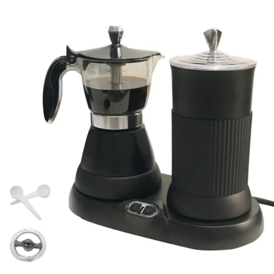 Macchina per Espresso con Montalatte Elettrico, Moka 2-in-1 in Alluminio, Funzionamento One-Touch, Schiuma di Latte Fine e Denso