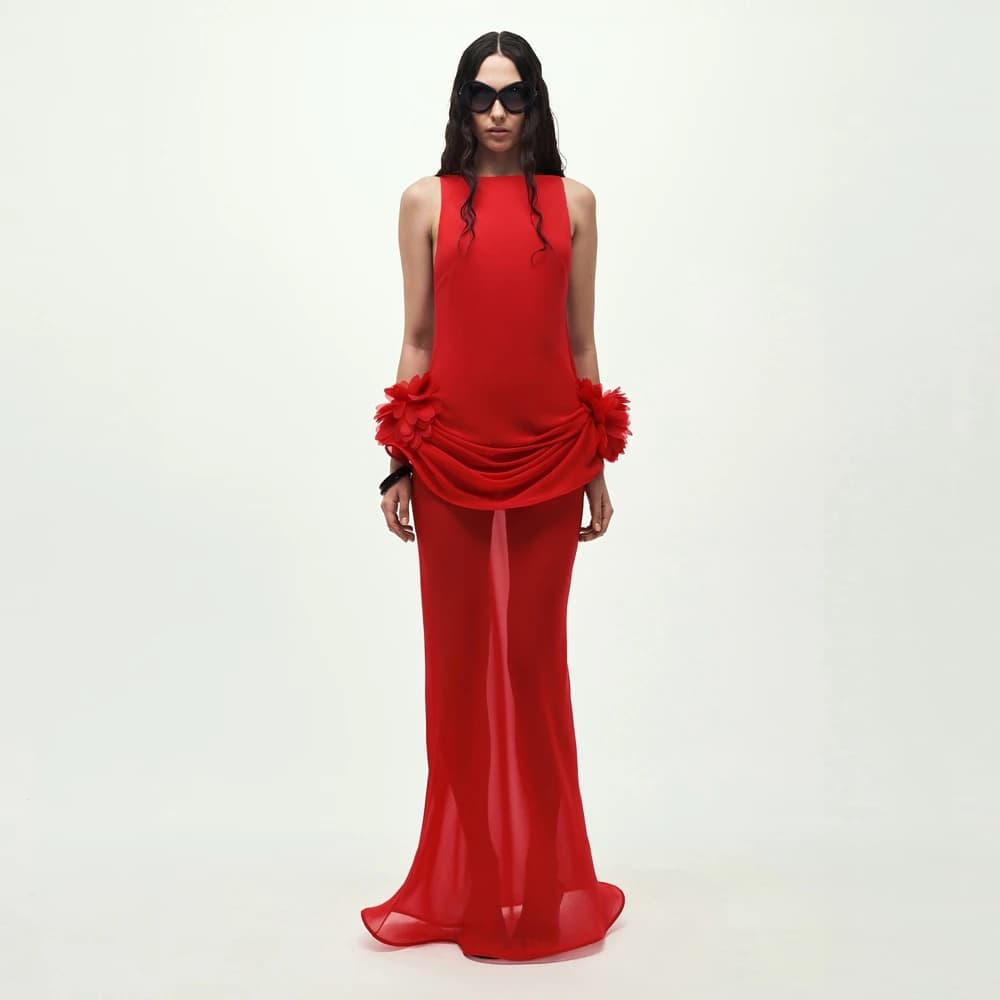 Abito da Sera Rosso Trasparente per Donna, Senza Maniche, Collo Alto, in Tulle, Vestito Lungo con Decorazione Floreale 3D in Vita, Lussuoso Abito da Cerimonia