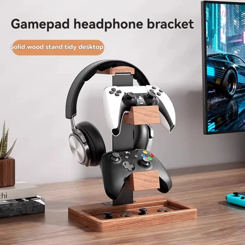 Supporto Integrato per Controller di Gioco e Cuffie, in Legno Massello Personalizzabile, Espositore Multifunzionale da Scrivania per Gamer