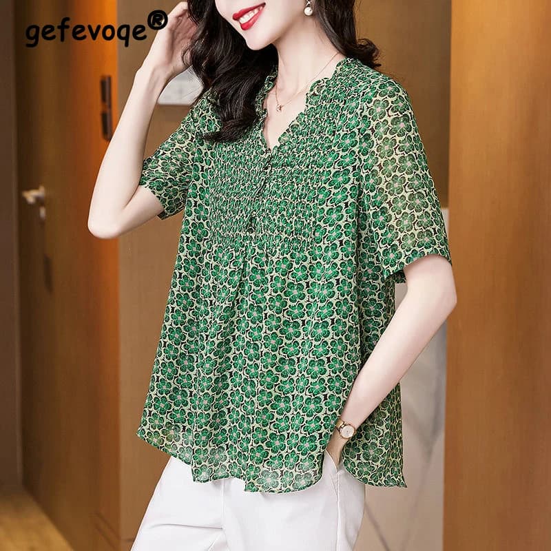 Camicette eleganti stampate floreali con volant estivi da donna camicette in Chiffon sottili a maniche corte con scollo a V moda coreana Chic Sweet Casual Tops