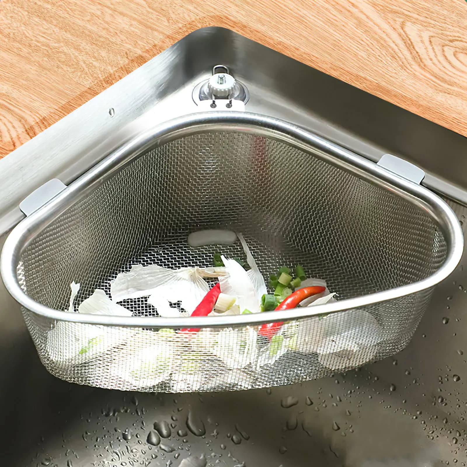 Cestello angolare triangolare in acciaio inossidabile per lavello, scolapiatti per cucina, raccoglitore di rifiuti alimentari