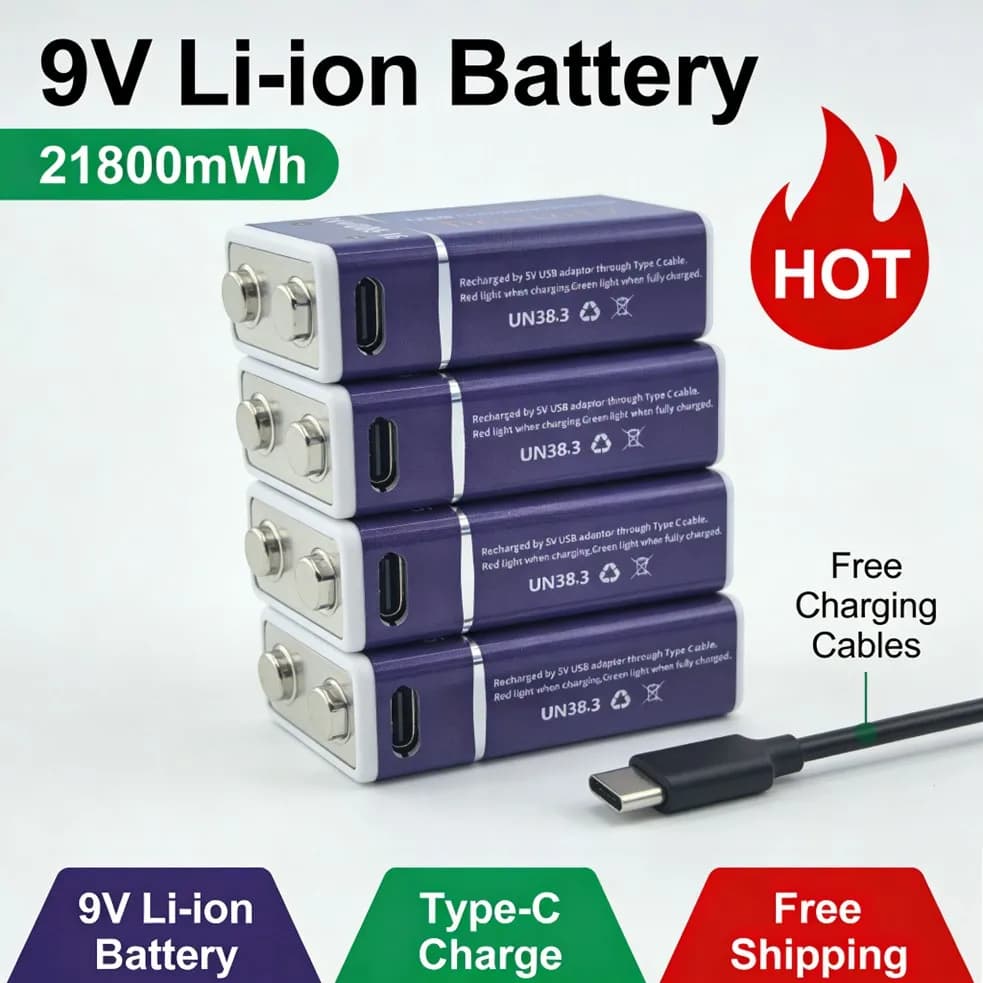 Batteria ricaricabile agli ioni di litio da 9V, 9800mAh, a lunga durata, con cavo di ricarica Type-C, per rilevatori di fumo e allarmi antincendio