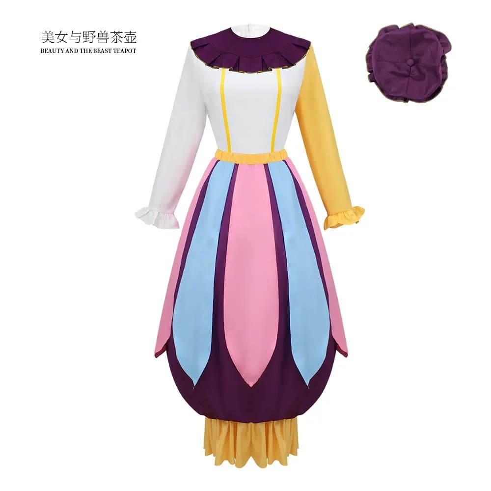 Cosplay Mrs Potts Teapot Costume with Long Sleeves, Colorful Dress and Adult Women's Hat, Halloween Clothing, Christmas and Carnival da da