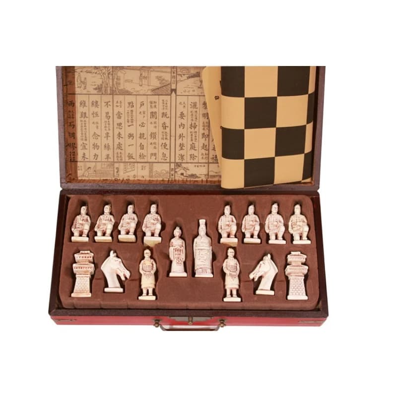 3D Terracotta Army Chinese Chess Set, Qin Dynasty Figurine Pieces, Leather Chess Board & Wooden Box