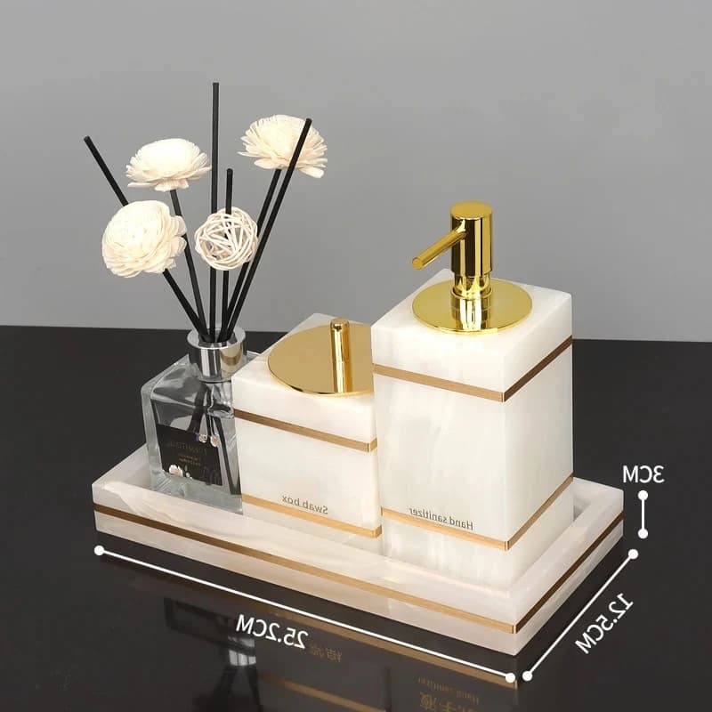 Set da bagno in marmo onice bianco e dorato - Portasapone di lusso in 3 pezzi