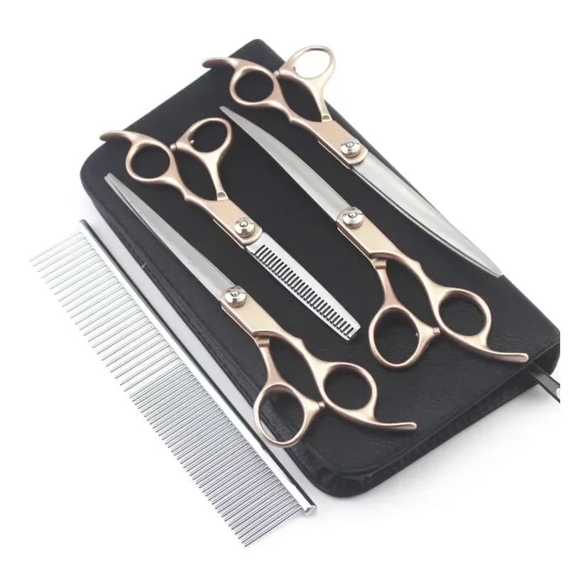 4 PZ 7 pollici Manico In Oro Forbici Professionale Per Toelettatura Del Cane Parrucchiere Cesoie Set Forbici Curve kit pet groomer strumenti