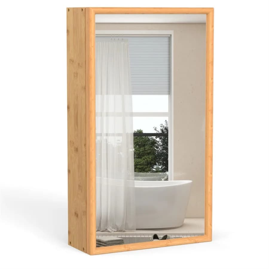 14"×5.5"×24" Bamboo Bathroom Medicine Cabinet with Mirror, Wall Mounted Storage Organizer,