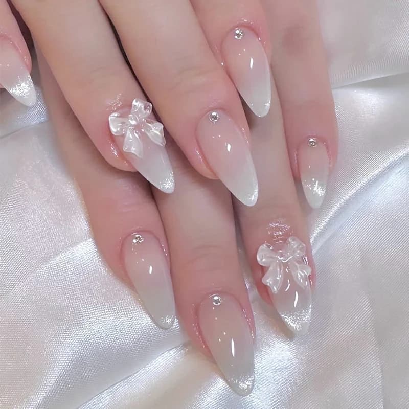 24 pieces Sweet Cat Eye French Press on Nails Wearable nail with three-dimensional diamond tip bow knot for women and girls Almond nail