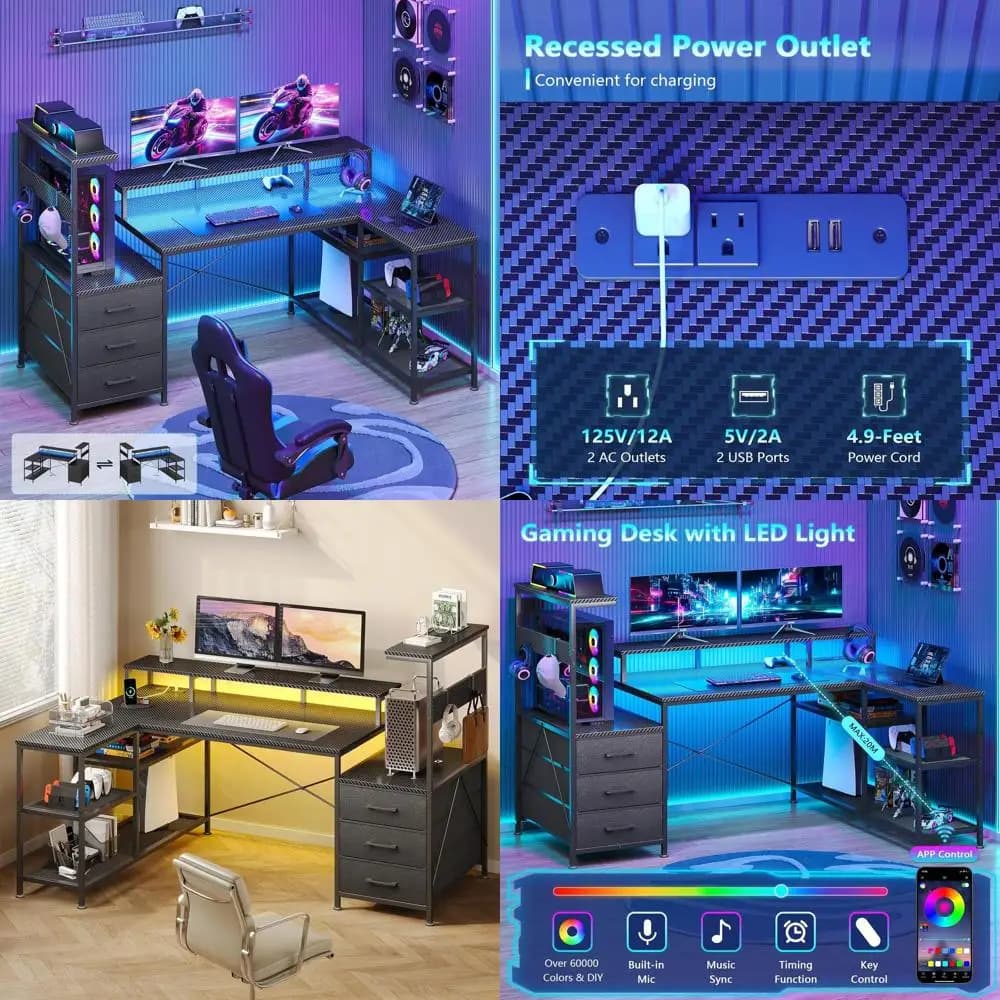 L Desk with Drawers, Vano Portaoggetto, Prese di Corrente, Luci LED e Supporto Monitor in Fibra di Carbonio Nera