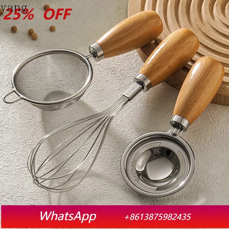 Set di Utensili da Cucina LH, Sbattitore Manuale con Manico in Legno, Strumento per Pasticceria in Acciaio Inossidabile