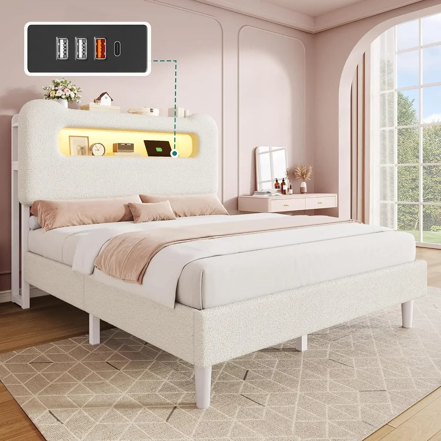 YITAHOME Life-size bed frame, LED bed frame with storage headboard, Boucle upholstered bed with socket and USB ports, No top