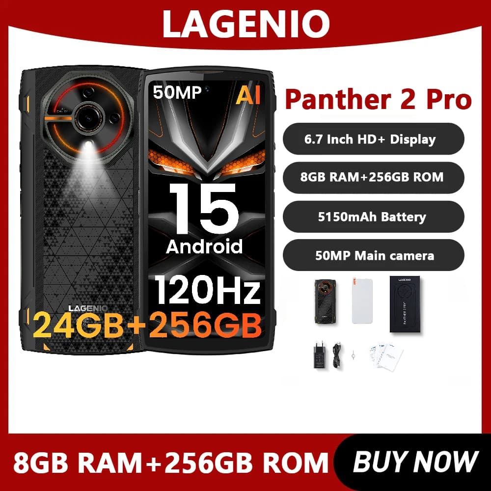 LAGENIO Panther 2 Pro 4G Telefono robusto 6.7 "HD Android 15 8GB + 256GB Telefono cellulare 50MP 5150mAh Unisoc T7250 Octa-Core NFC OGT