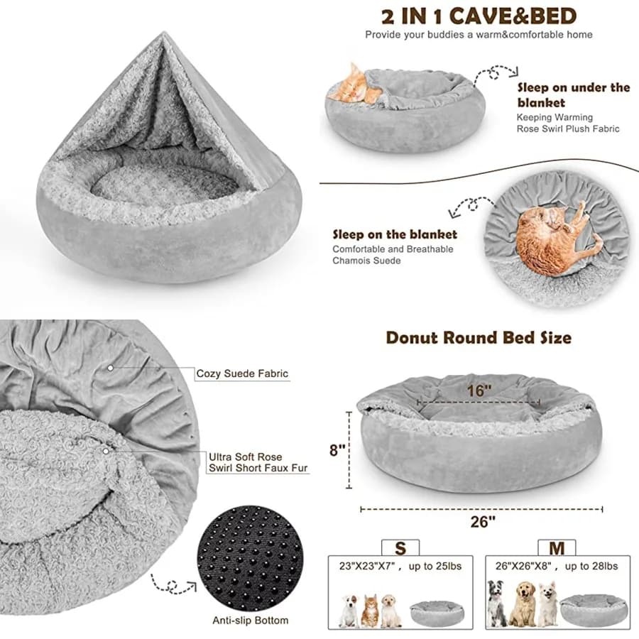 Cucce per Cani di Piccola e Media Taglia, Cuccia Lussuosa e Accogliente per Cuccioli con Coperta Integrata, Cuccia Rotonda a Ciambella Calmante Anti-Ansia per Cani