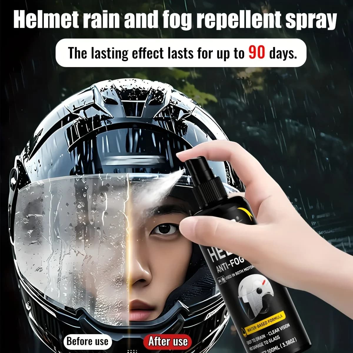 KJM Spray antiappannamento da 100 ml per caschi da moto: repellente per pioggia e nebbia a lunga durata, visione chiara, facile applicazione
