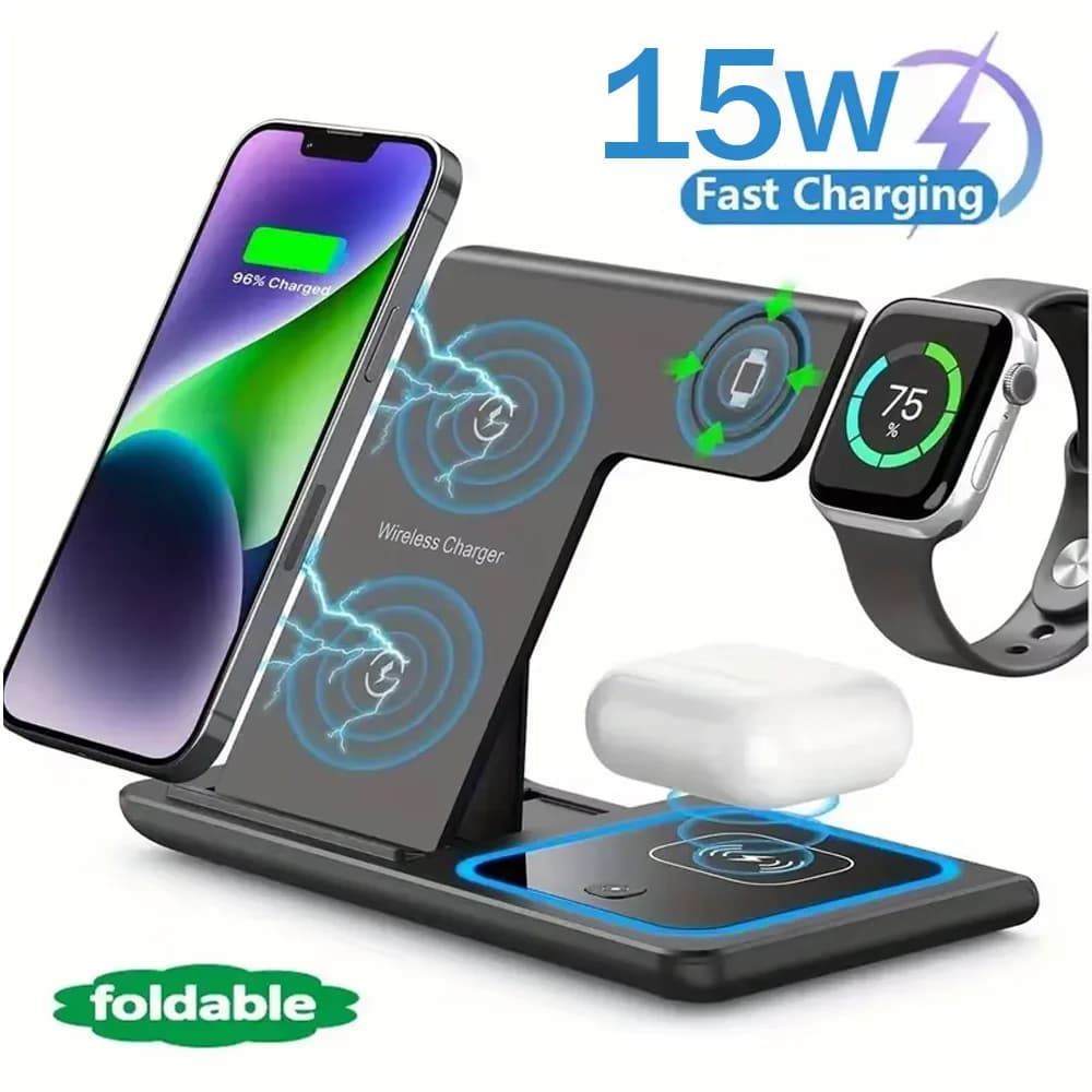 15W LED Fast Wireless Charger, Foldable Charging Station 3 in 1 for iPhone 17 16 15 14 13, Apple Watch 9 8 7 6 5, Airpods Pro