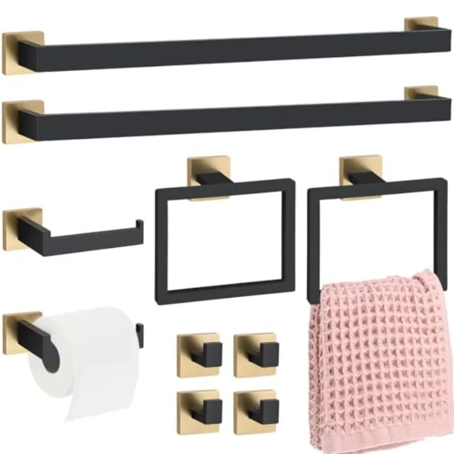 Set di 10 Accessori per Bagno in Nero e Oro, Kit Portasciugamani da 23,6 Pollici, Set di Accessori per Bagno in Acciaio Inossidabile