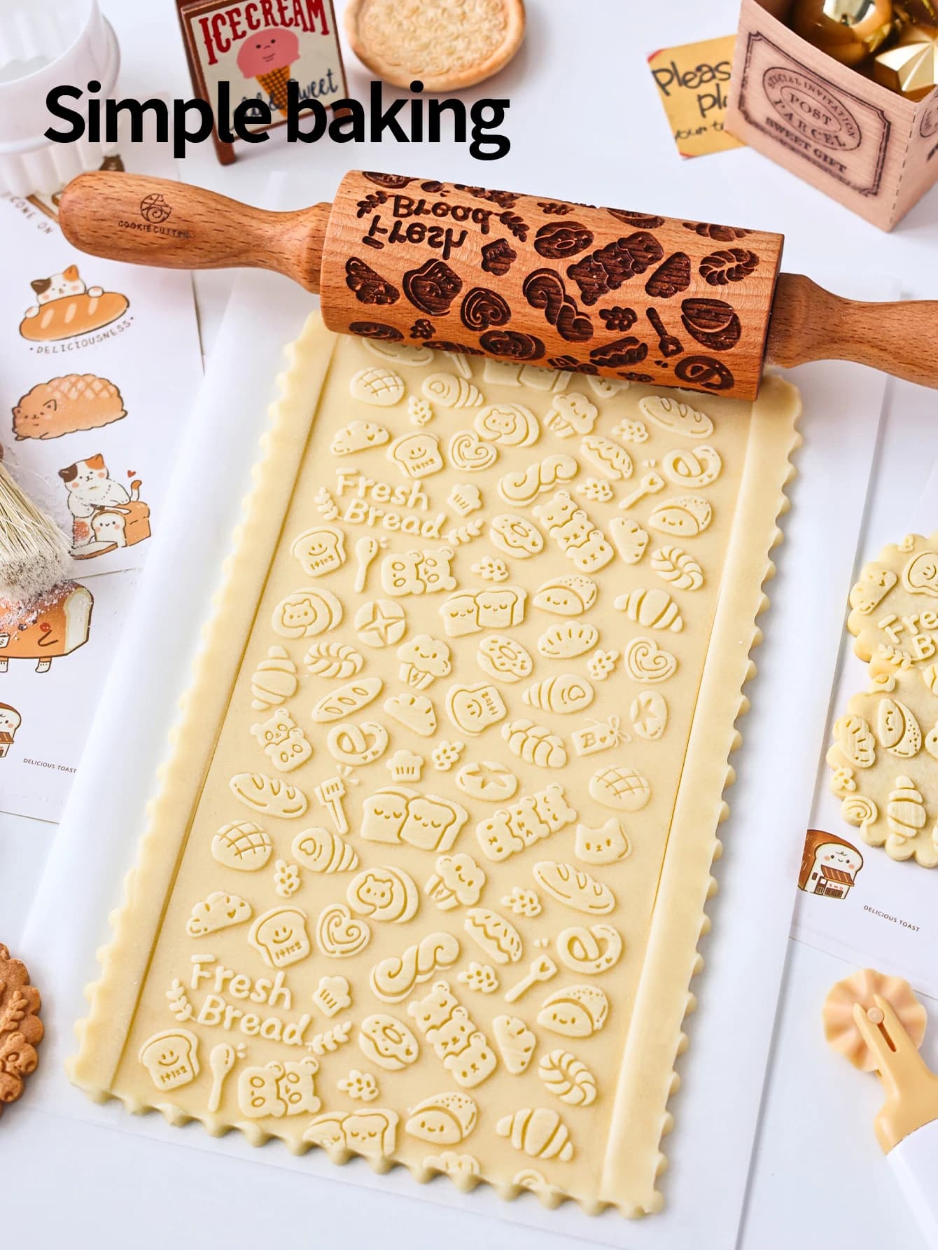 Mattarello in Legno di Olmo con Incisione Laser a Motivo Floreale e Simpatico Cartone Animato, Stampo per Biscotti Fai-da-Te per Genitori e Figli