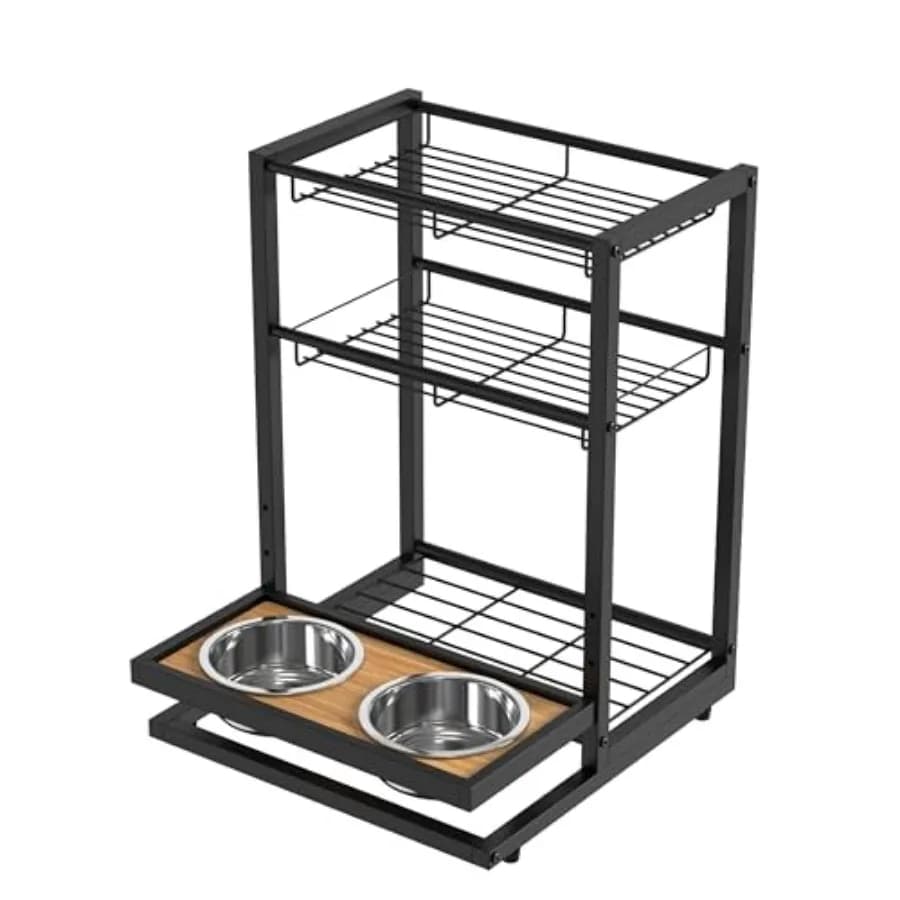 Organizzatore per Cibo per Gatti con 2 Ciotole Rialzate - Stazione di Alimentazione per Animali Domestici con Cestello di Stoccaggio a 3 Livelli - Dispenser in Metallo per Cibo in Scatola
