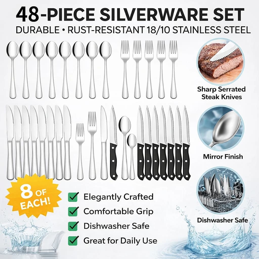 Set di posate in acciaio inossidabile da 48 pezzi — Include coltelli da bistecca, forchette e cucchiai — Posate da cucina resistenti e lucidate a specchio — Di